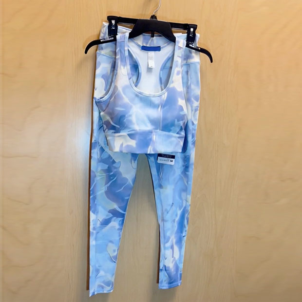 Blue tropical tie dye active leggings and matching sports bra from Ross.